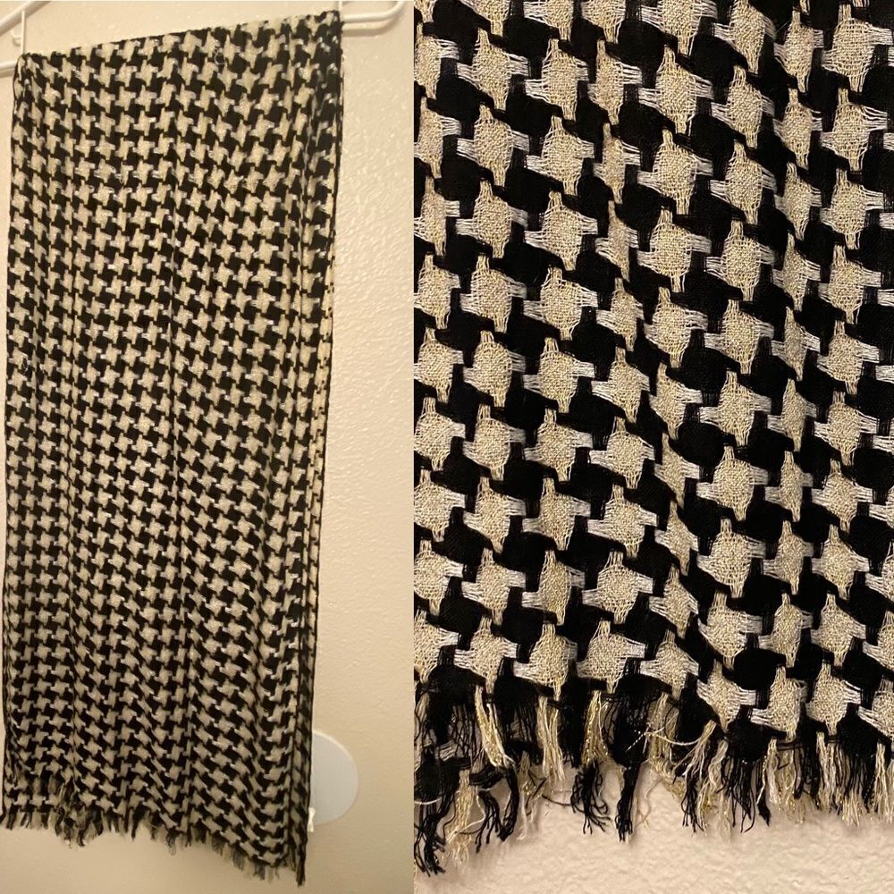 Black white metallic gold thread houndstooth lightweight Fringe Scarf 17x70